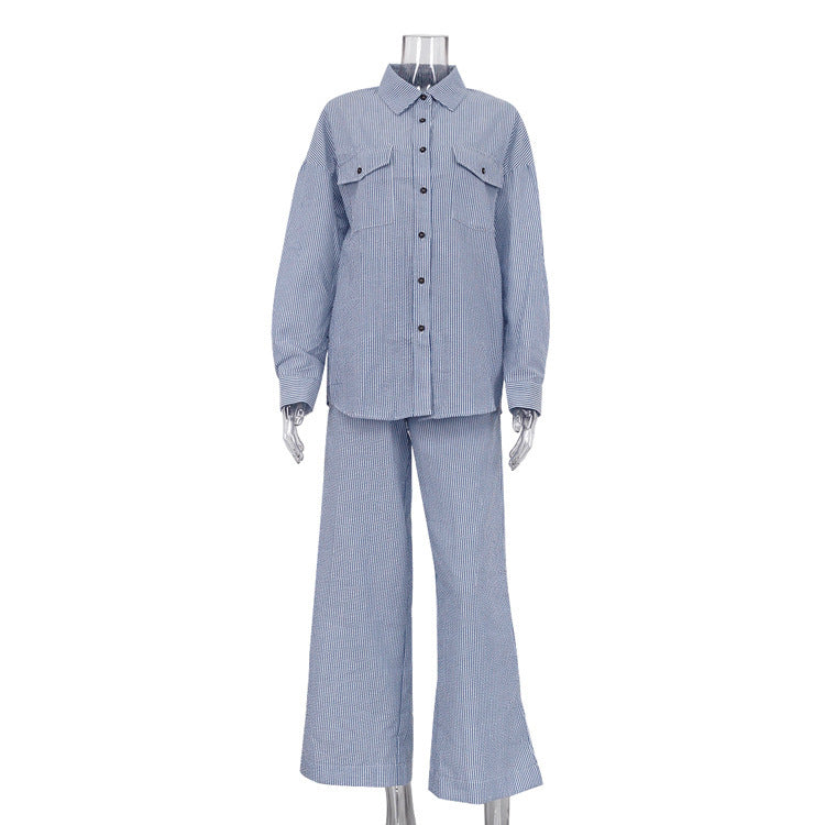 Blue Striped Lapel Shirt Long Sleeve Wide Leg Pants Suit